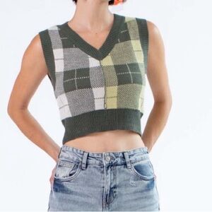 Y2K Plaid Cropped Sweater Vest Preppy Green Knit Color Block St. Patrick’s Day M